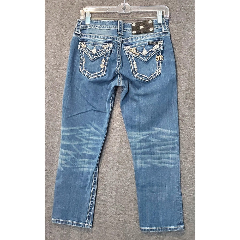 Miss Me Jeans Womens 25 Blue Boyfriend Capri Stretch Faded Denim Heart Pockets